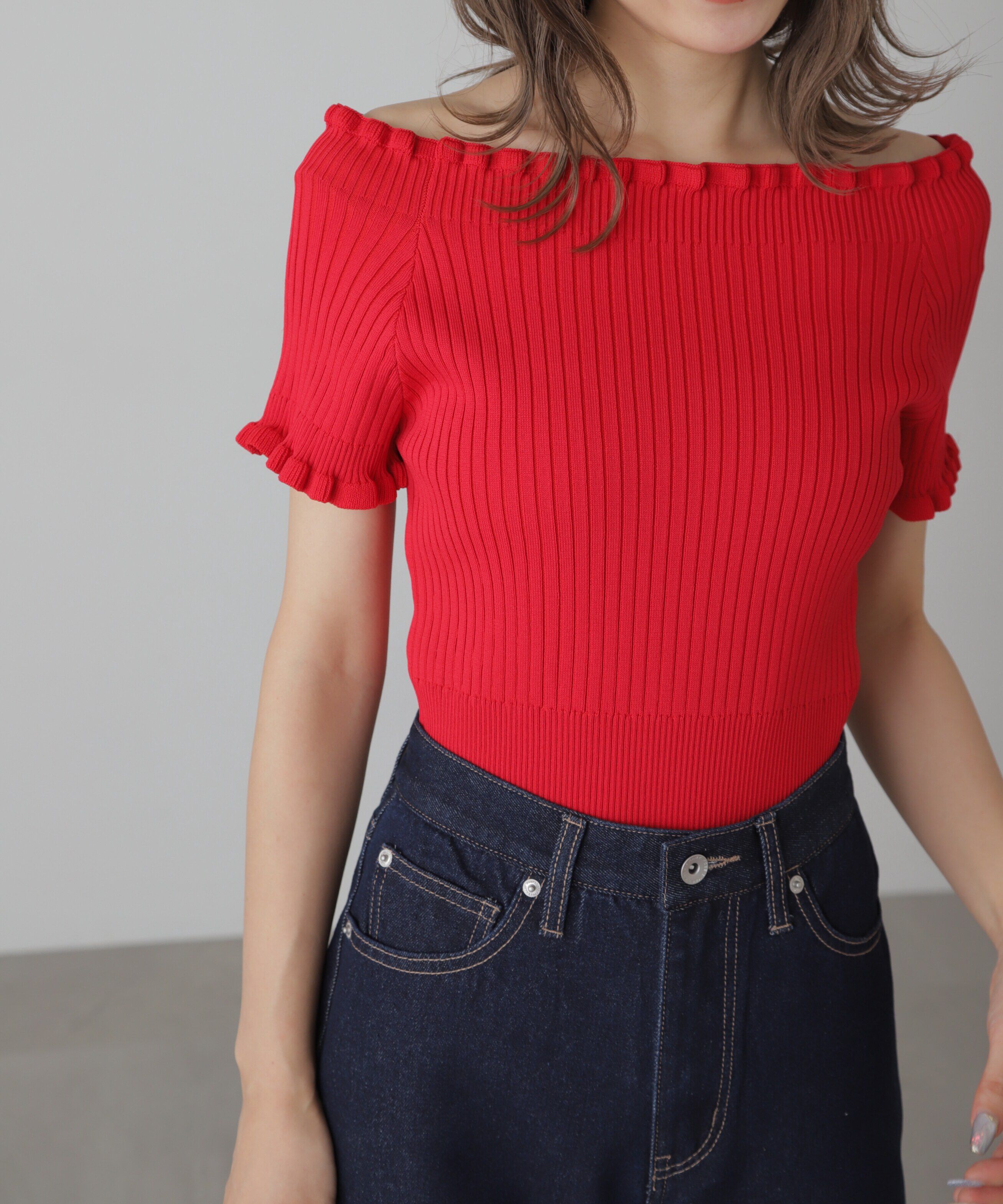  「2wayオフショルフリルリブ半袖ニット」|ニット・セーター|