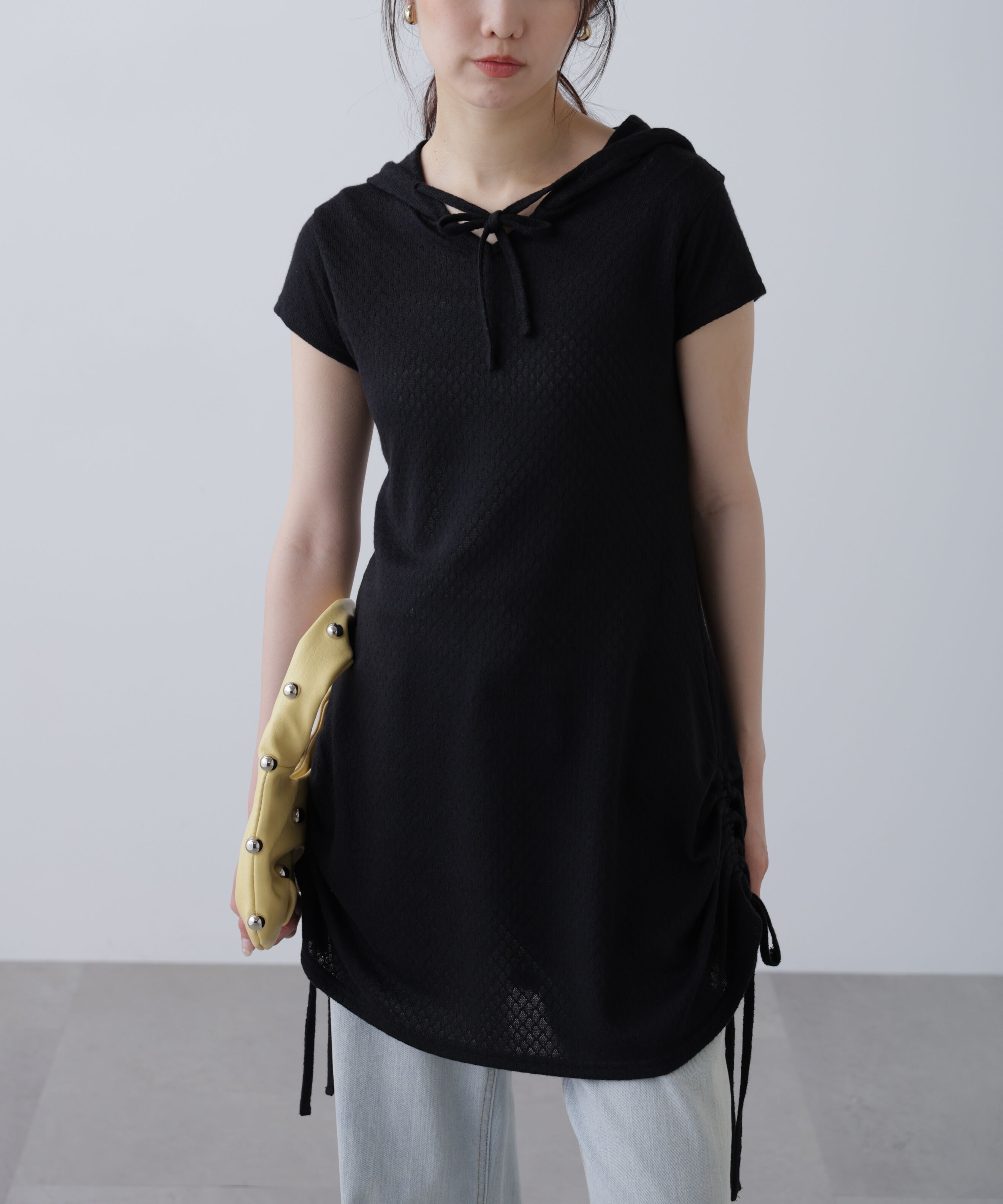  「サイドシャーリングフーディーミニワンピース」|ワンピース|ブラック