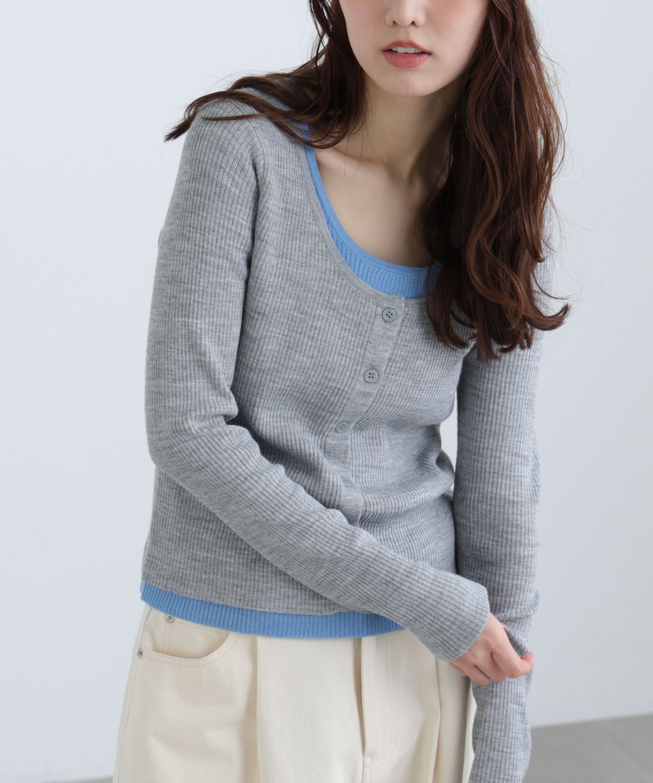  「配色レイヤードリブニットカーディガン」|ニット・セーター|