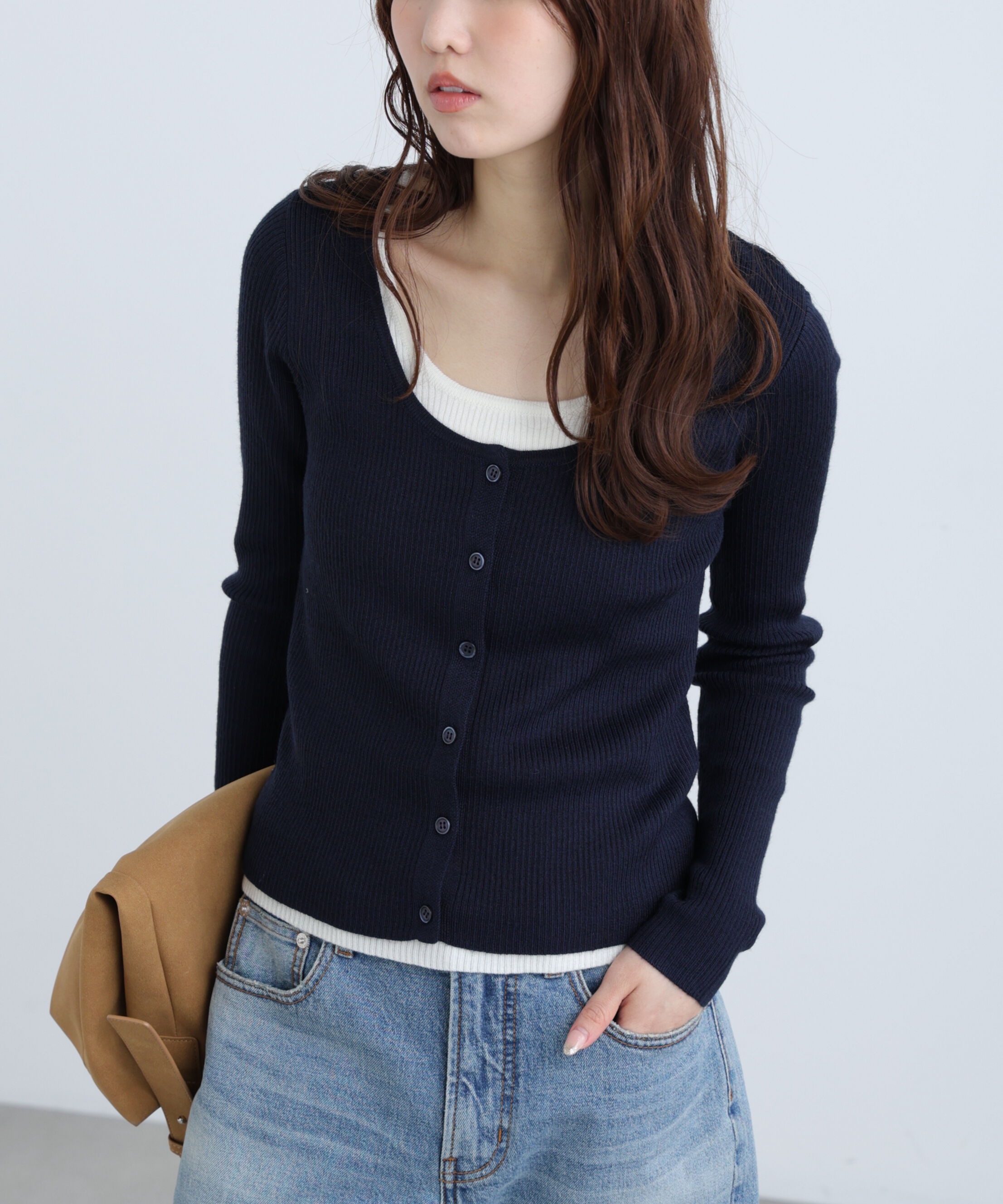  「配色レイヤードリブニットカーディガン」|ニット・セーター|