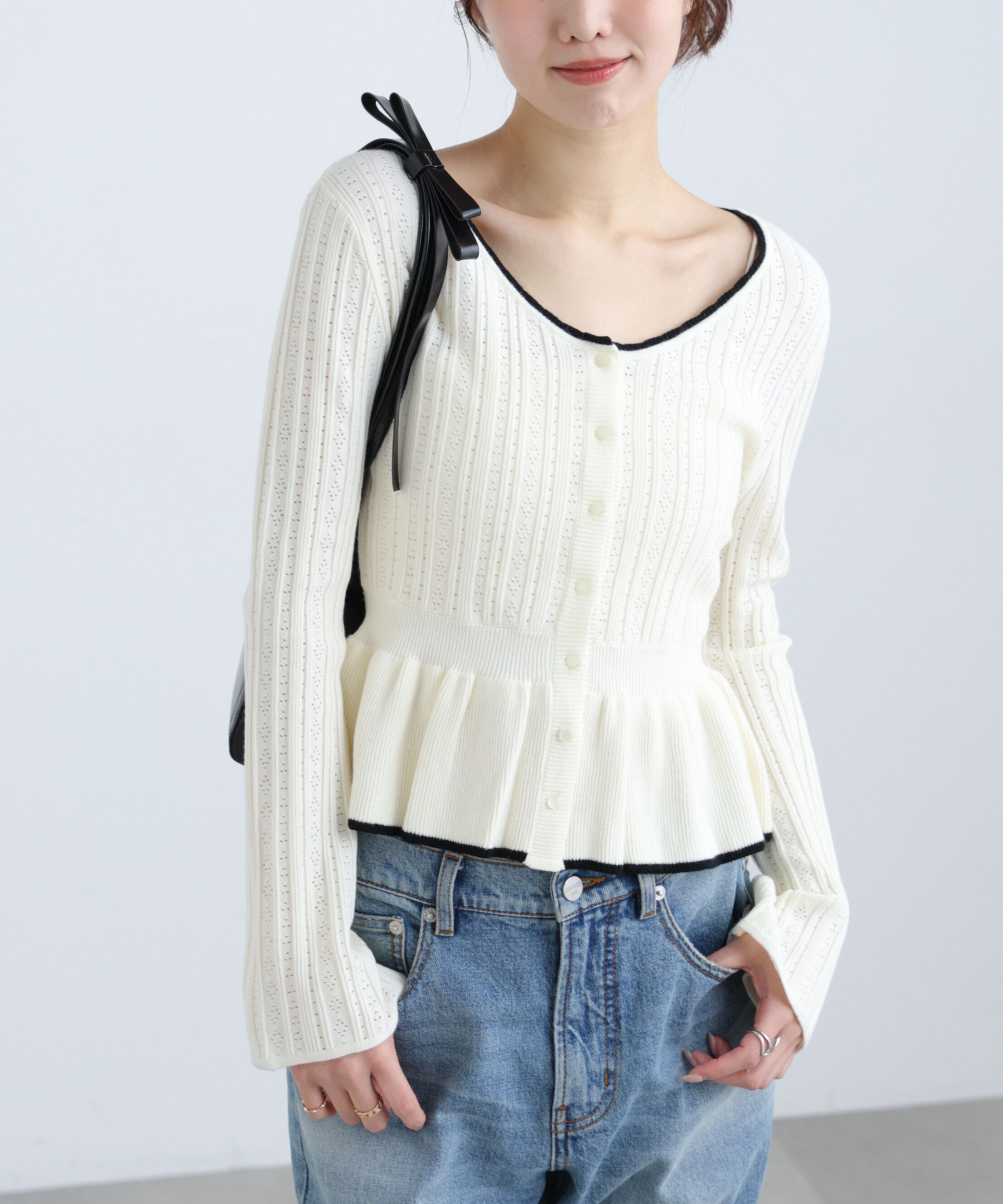  「地柄短丈ペプラムニット」|ニット・セーター|オフ