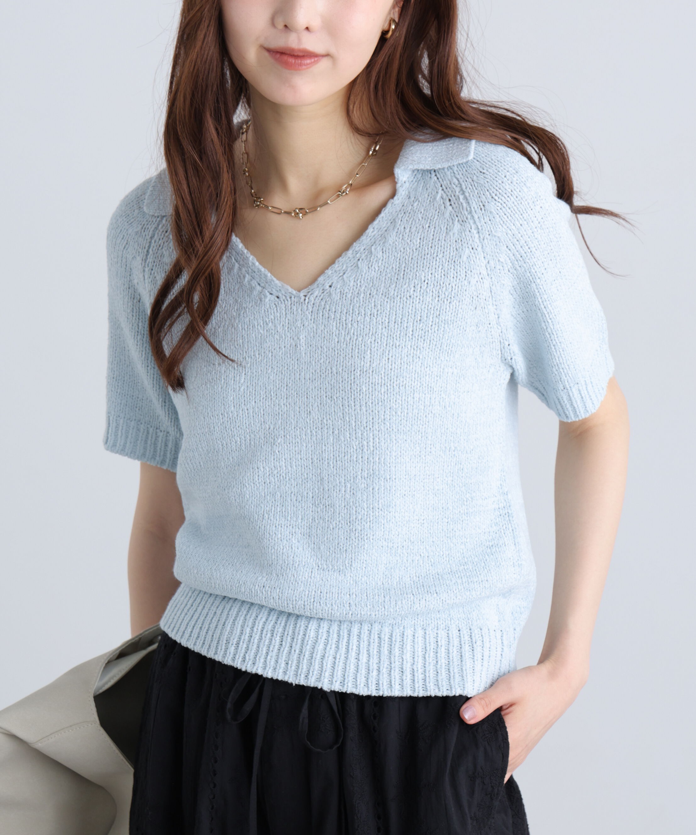  「テープヤーン半袖ニット」|ニット・セーター|サックス