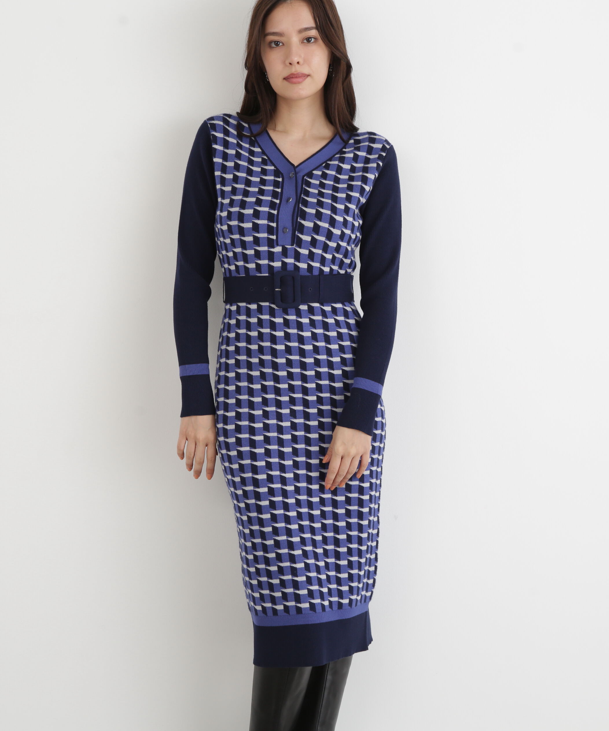  「◆ジオメトリックジャガードニットワンピース」|ワンピース|ブルー