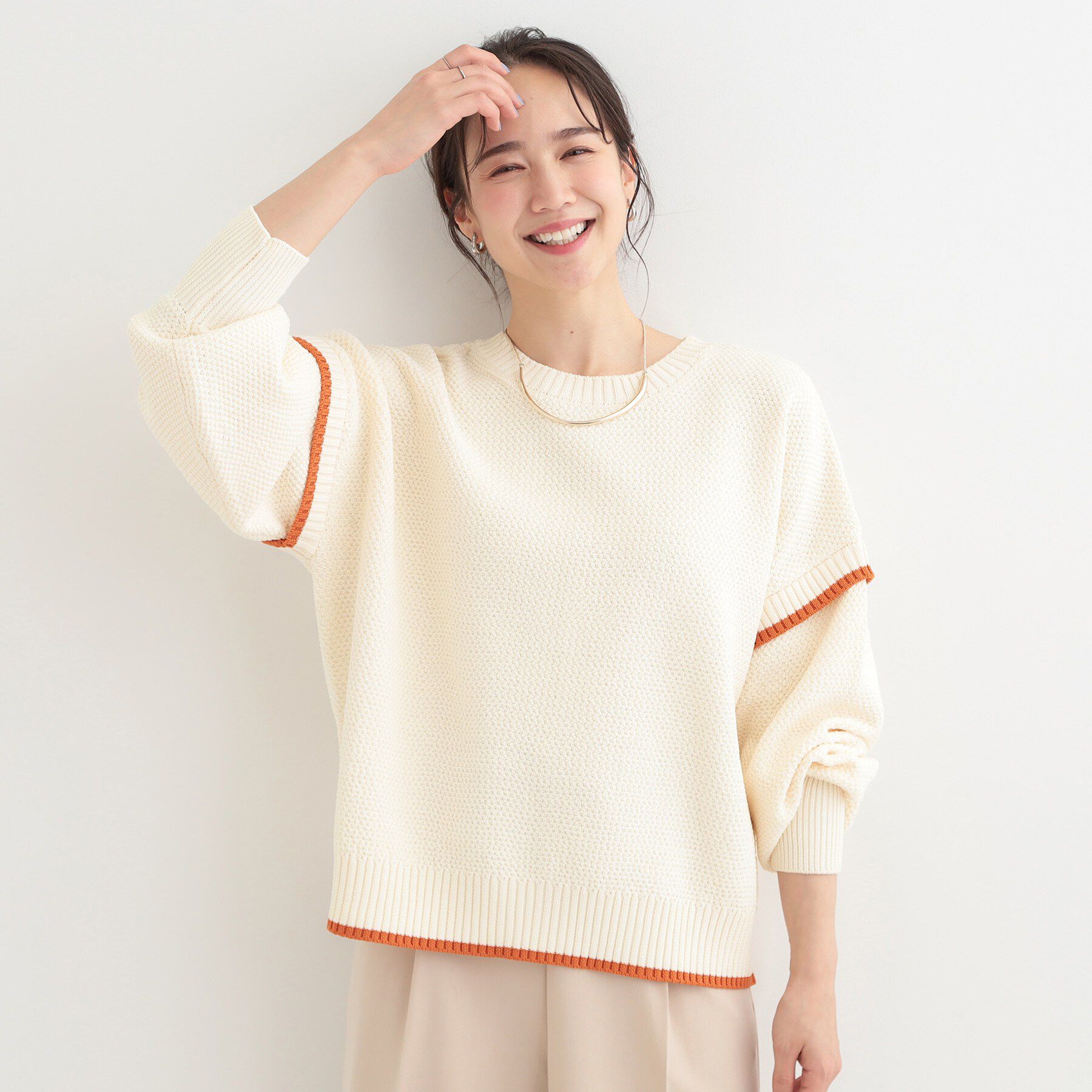 SHOO･LA･RUE「【前後2WAY/S-LL】体型カバーもこなれ見えも叶う　ふんわりお袖の配色パイピングニット」|ニット・セーター|