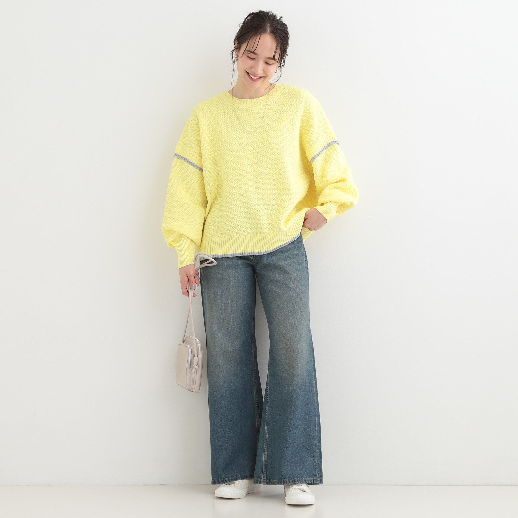 SHOO･LA･RUE「【前後2WAY/S-LL】体型カバーもこなれ見えも叶う　ふんわりお袖の配色パイピングニット」|ニット・セーター|