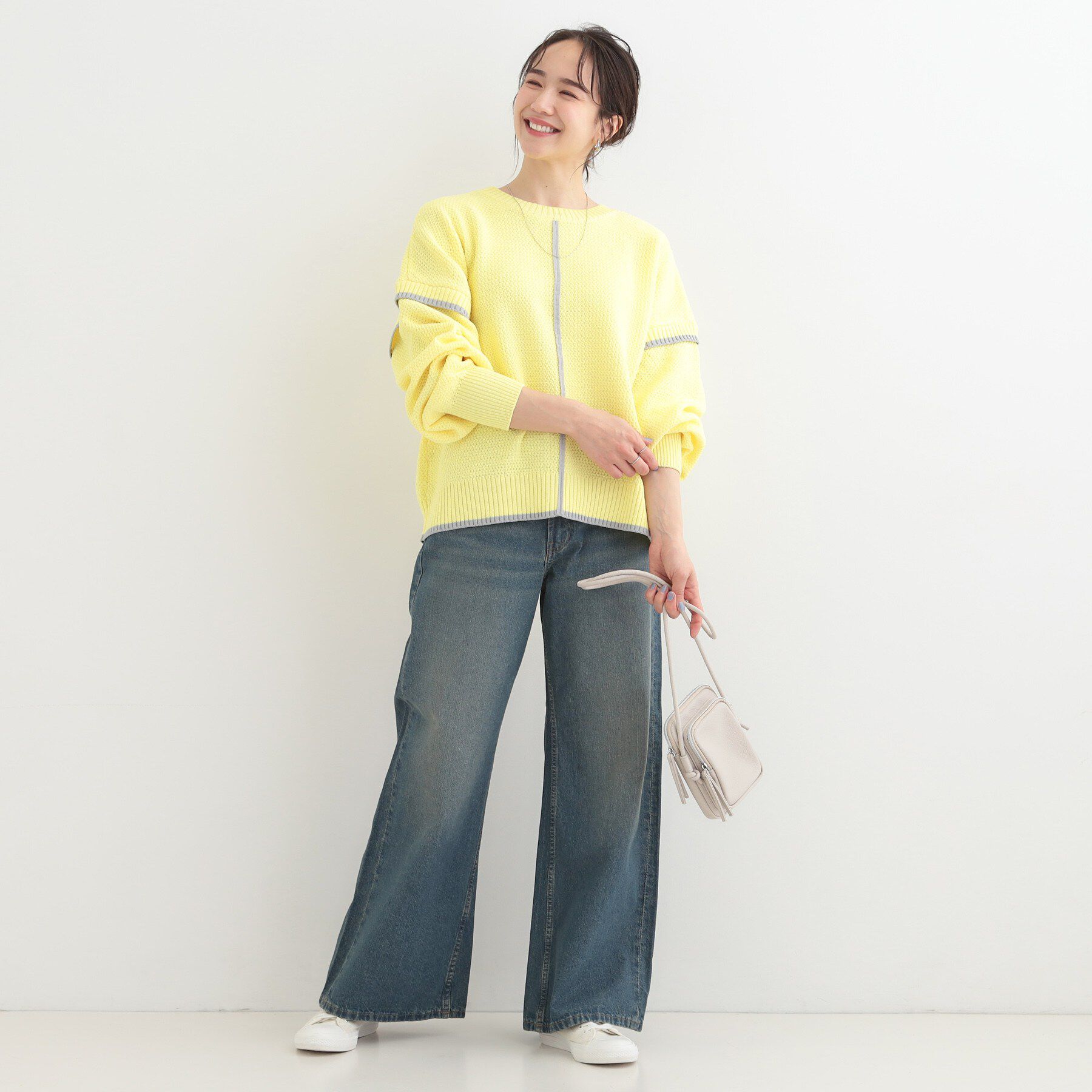 SHOO･LA･RUE「【前後2WAY/S-LL】体型カバーもこなれ見えも叶う　ふんわりお袖の配色パイピングニット」|ニット・セーター|