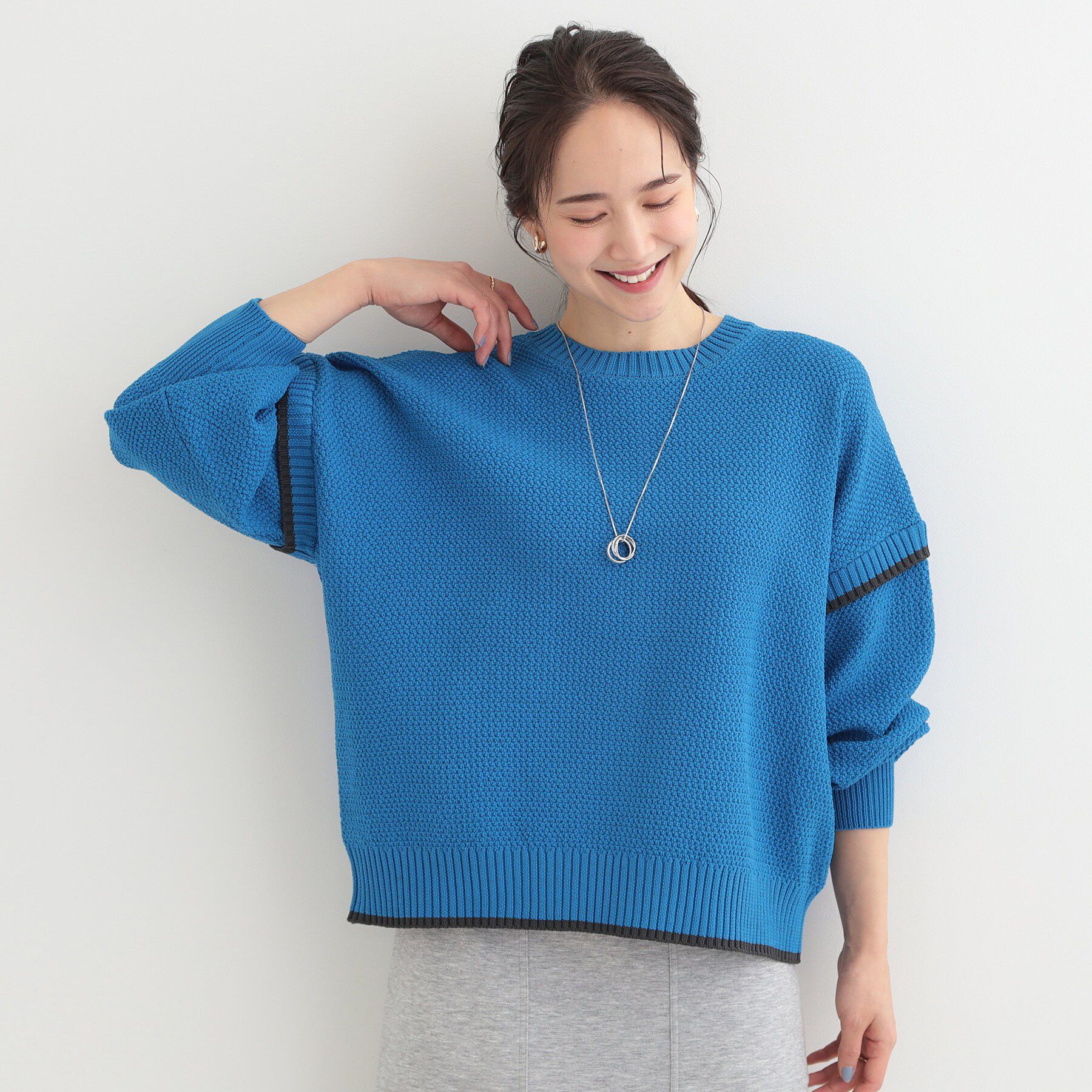 SHOO･LA･RUE「【前後2WAY/S-LL】体型カバーもこなれ見えも叶う　ふんわりお袖の配色パイピングニット」|ニット・セーター|