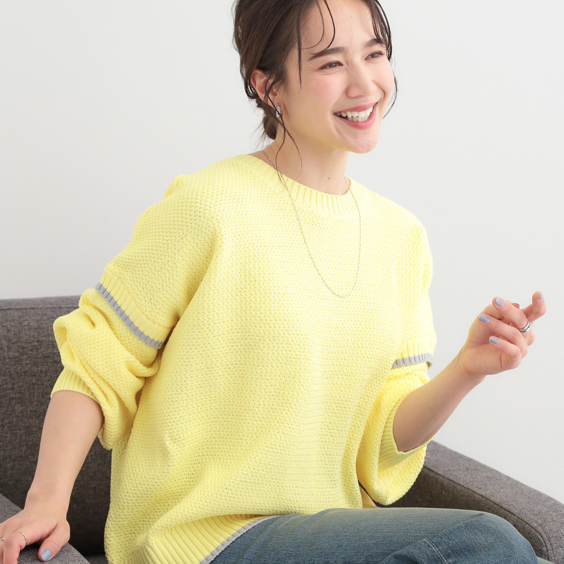 SHOO･LA･RUE「【前後2WAY/S-LL】体型カバーもこなれ見えも叶う　ふんわりお袖の配色パイピングニット」|ニット・セーター|ライトイエロー(03