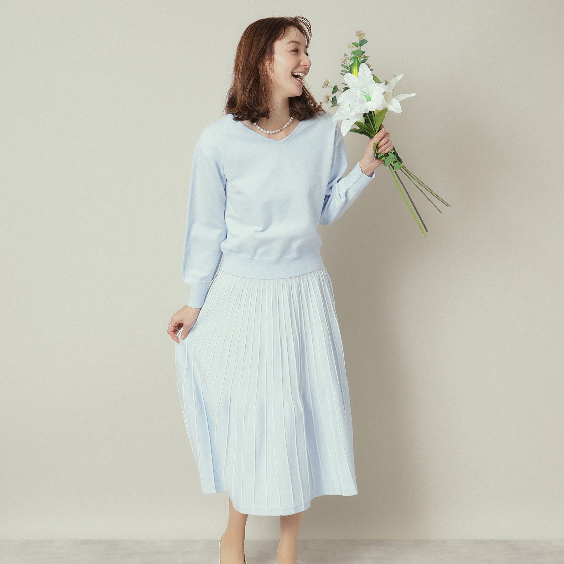 ITS&rsquo;DEMO「【通勤／手洗い可】Vネック&times;フレアスカートセットアップ」|スーツ|サックスブルー(09