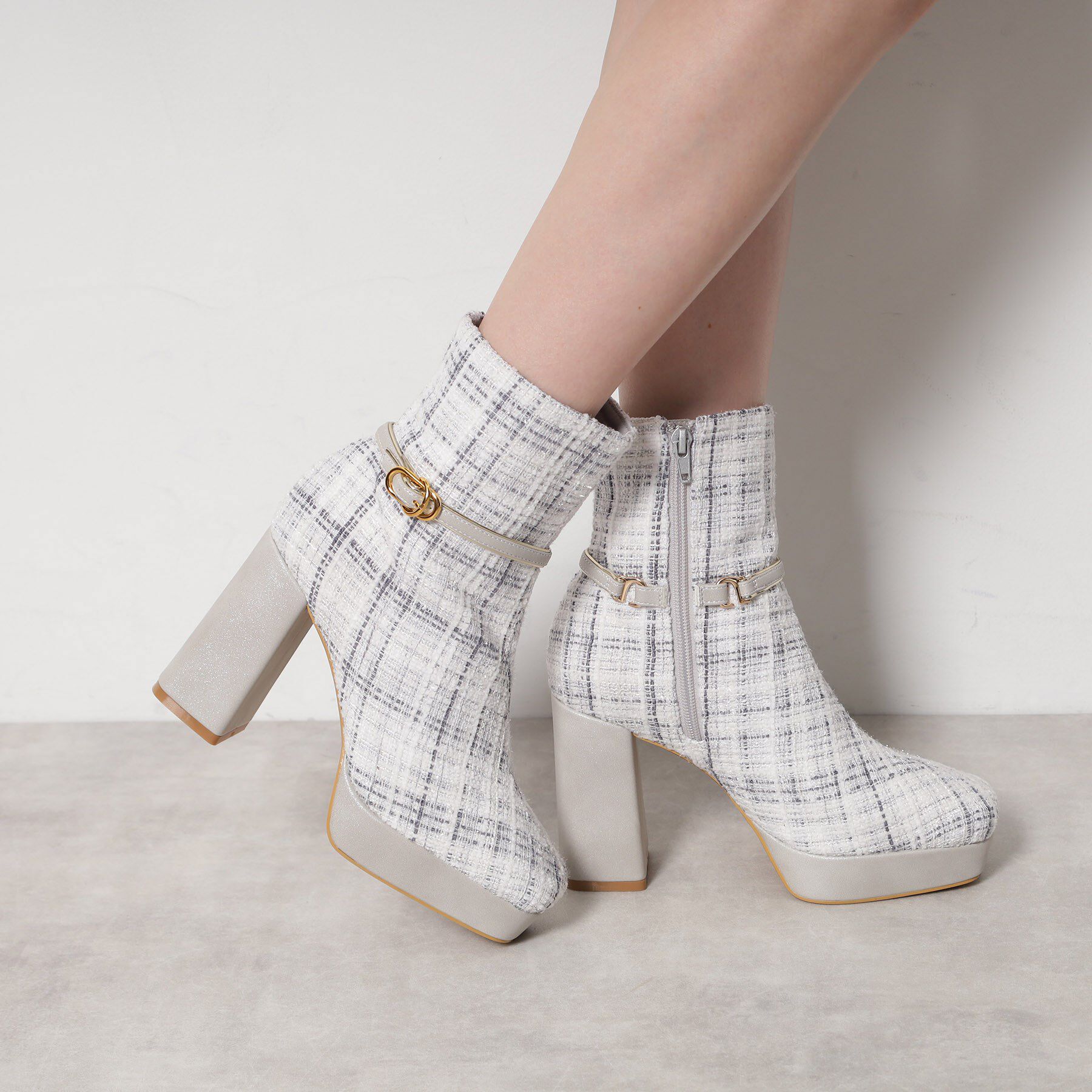 ESPERANZA「【EC先行販売】スクエアツイードショートブーツ」|ショートブーツ|