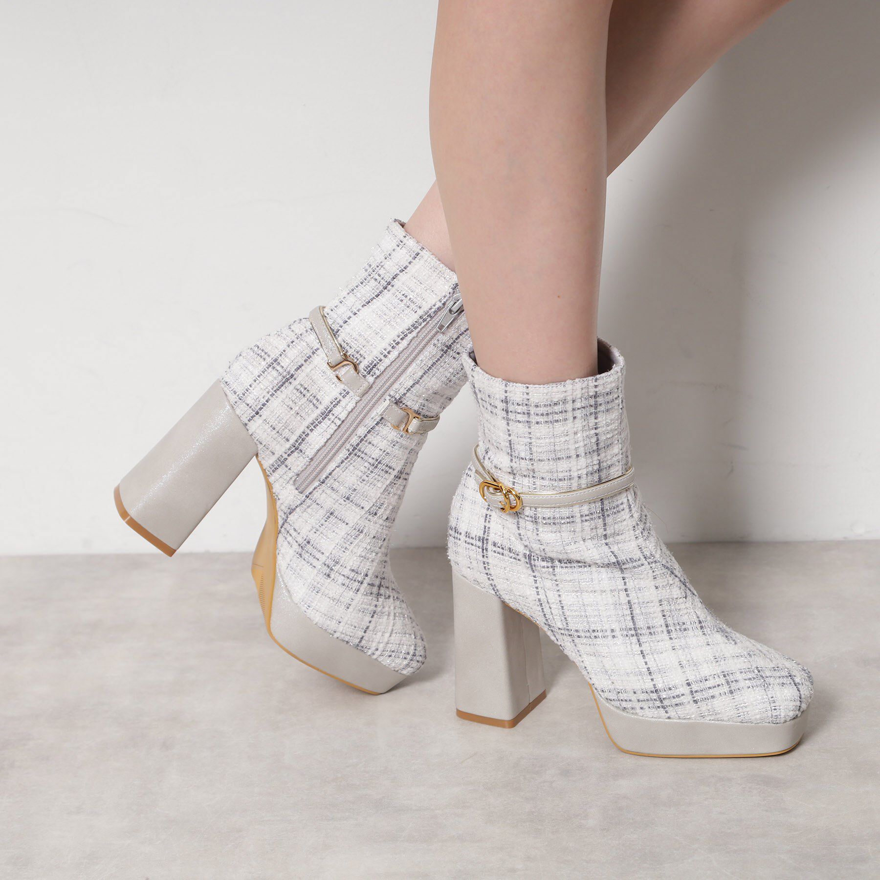 ESPERANZA「【EC先行販売】スクエアツイードショートブーツ」|ショートブーツ|グレー(312)