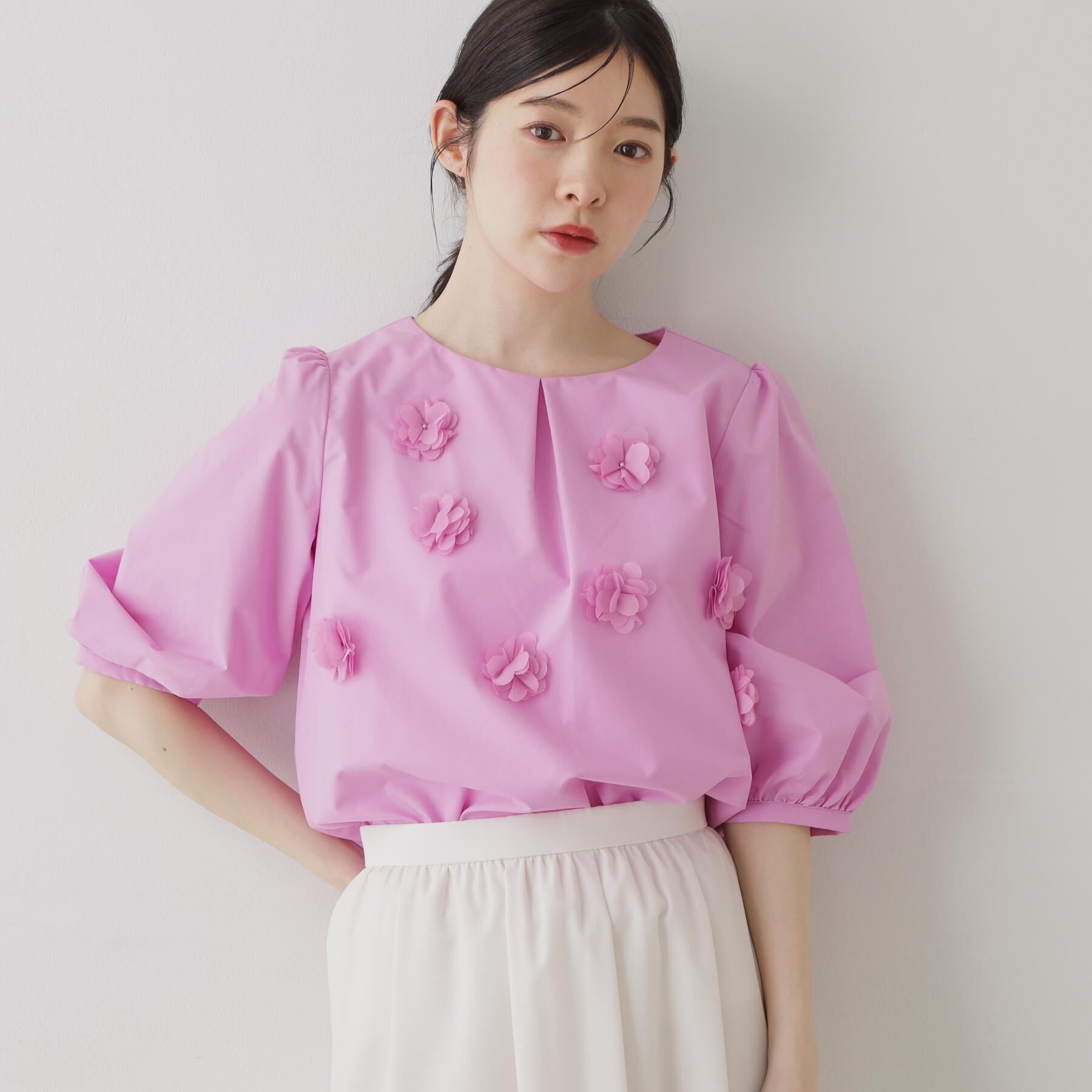 SunaUna「【接触冷感】フラワーパフスリーブブラウス」|シャツ・ブラウス|