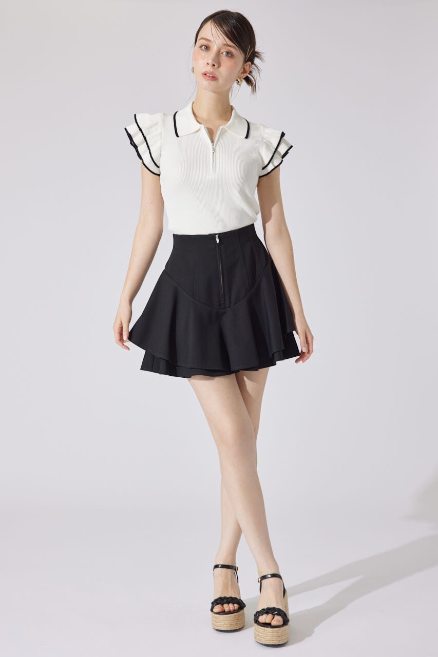 rienda「ハーフジップフリルショルダーニットトップス」|ニット・セーター|