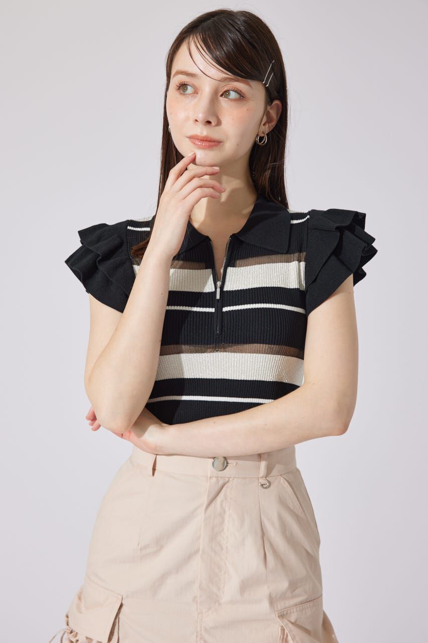 rienda「ハーフジップフリルショルダーニットトップス」|ニット・セーター|