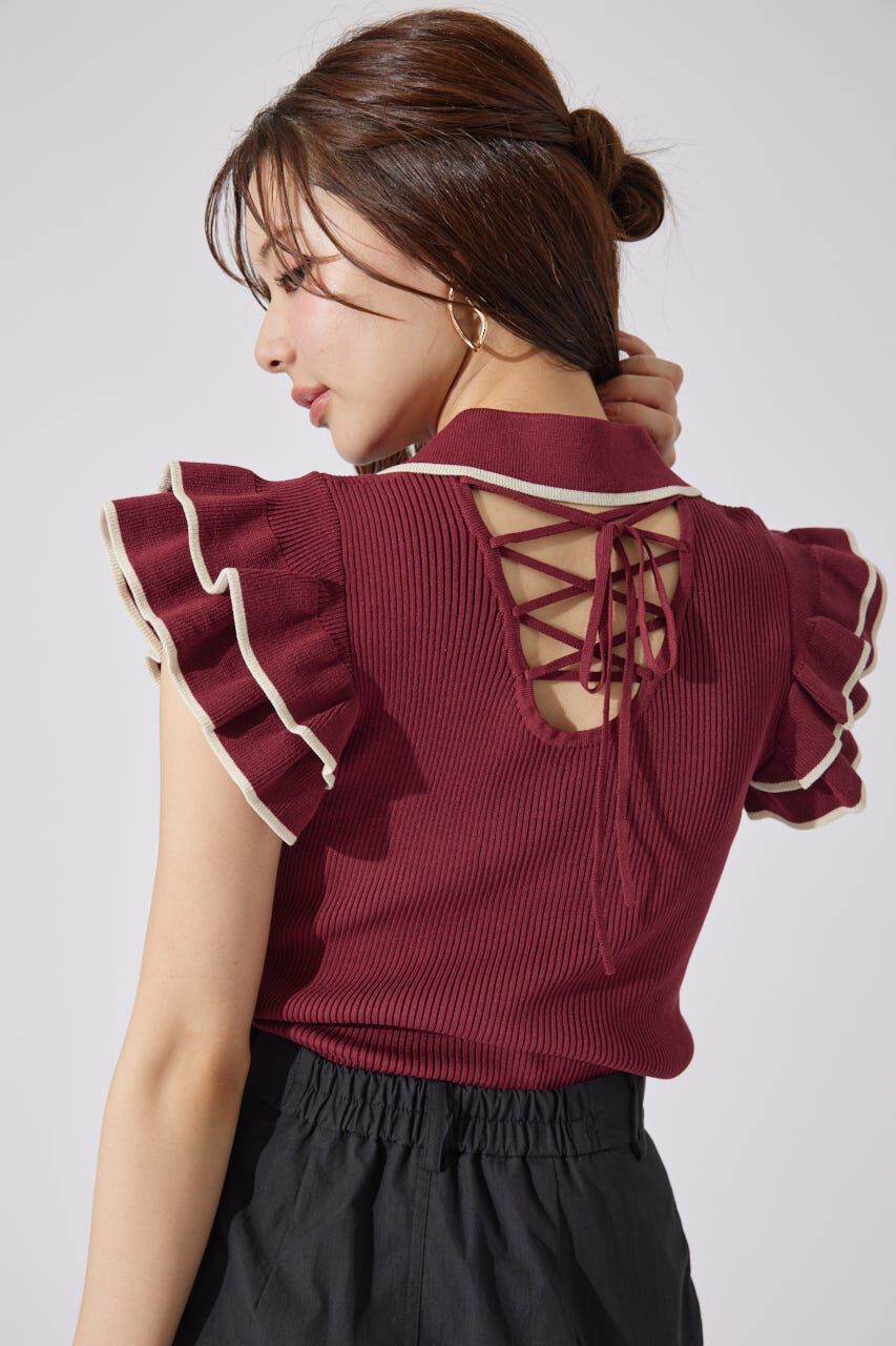 rienda「ハーフジップフリルショルダーニットトップス」|ニット・セーター|