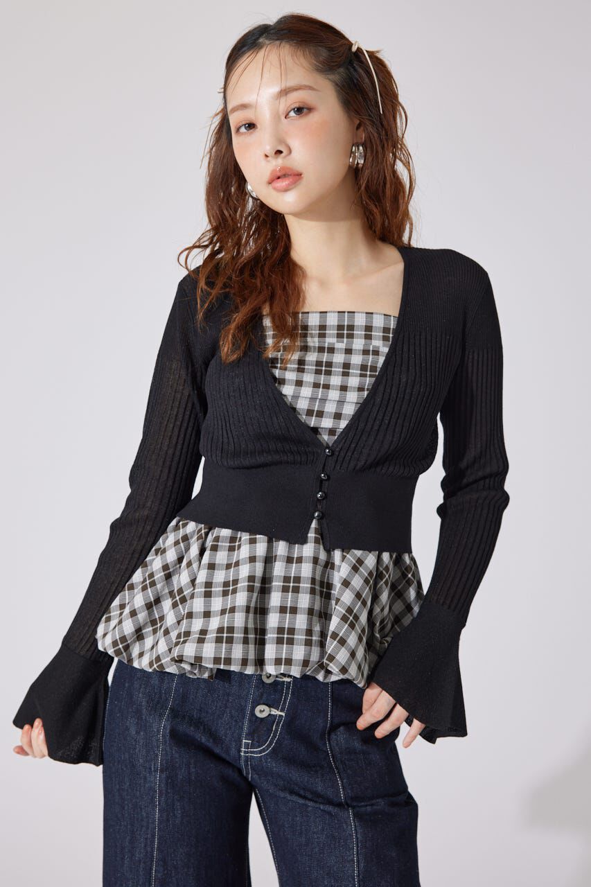 rienda「クロップドフレアスリーブシアーニットカーディガン」|カーディガン|BLK