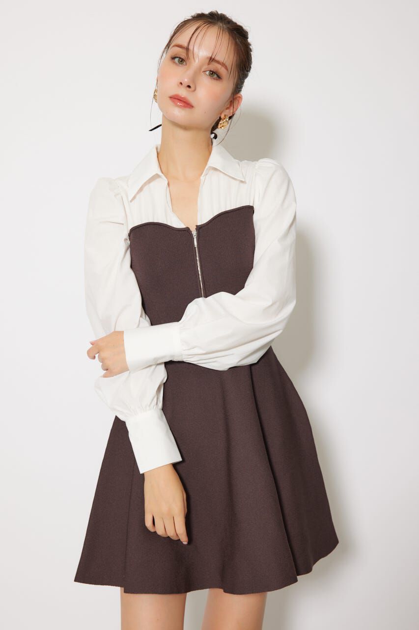 rienda「シャツドッキングフレアニットミニワンピース」|ワンピース|BRN