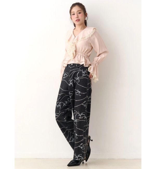 CALNAMUR「パールプリントデニムパンツ」|デニム|ブラック