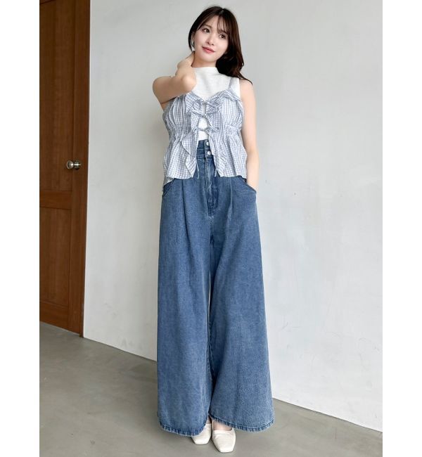 dazzlin「ダブルハイウエストワイドデニムパンツ」|デニム|