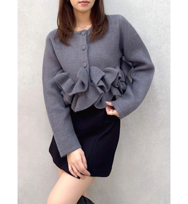 dazzlin「ヘムフリルニットジャケット」|ノーカラージャケット|チャコールグレー