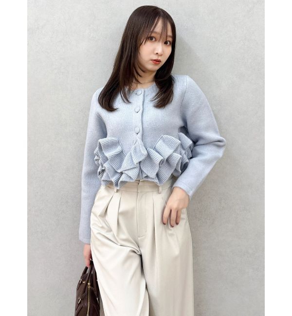 dazzlin「ヘムフリルニットジャケット」|ノーカラージャケット|ブルー