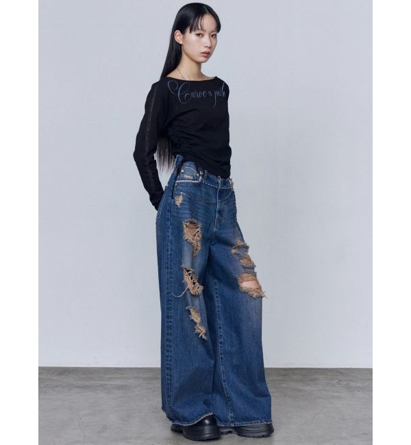 EMODA「バルキーワイドハイウエストクラッシュジーンズ」|デニム|