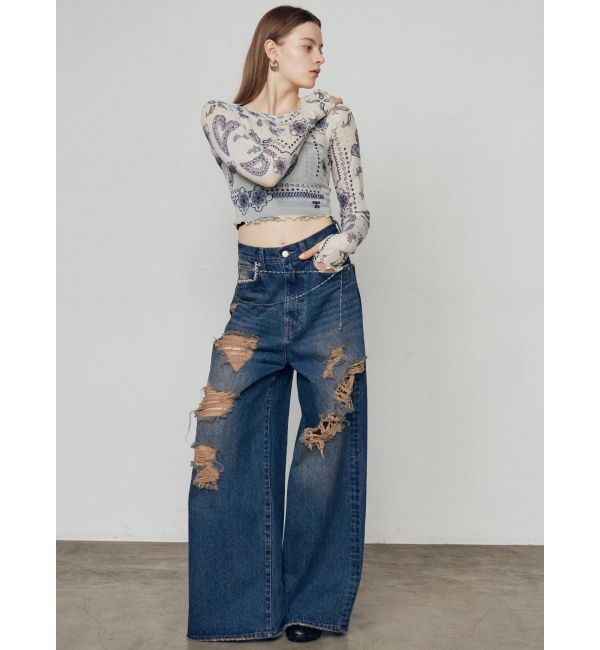 EMODA「バルキーワイドハイウエストクラッシュジーンズ」|デニム|