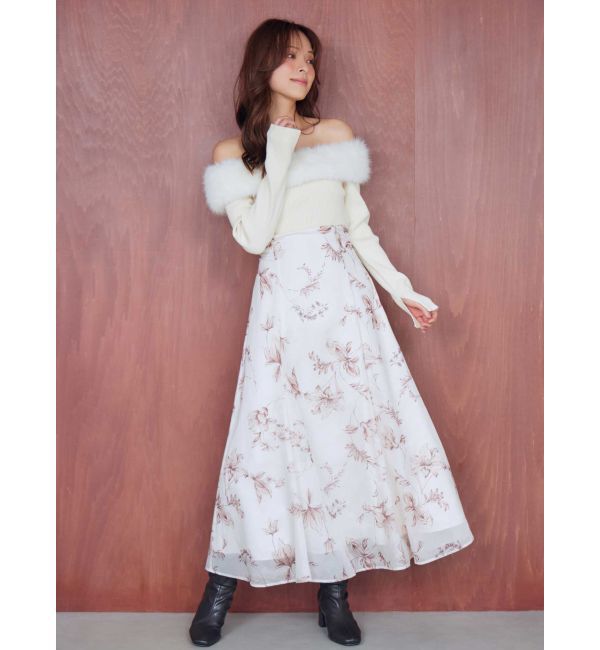 MERCURYDUO「花柄オフショルニットドッキングワンピース」|ワンピース|アイボリー