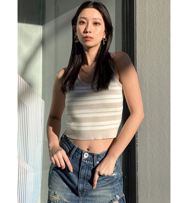 GYDA「ボーダーノースリPOLOニットトップス」|ニット・セーター|