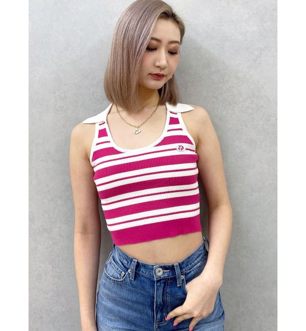 GYDA「ボーダーノースリPOLOニットトップス」|ニット・セーター|