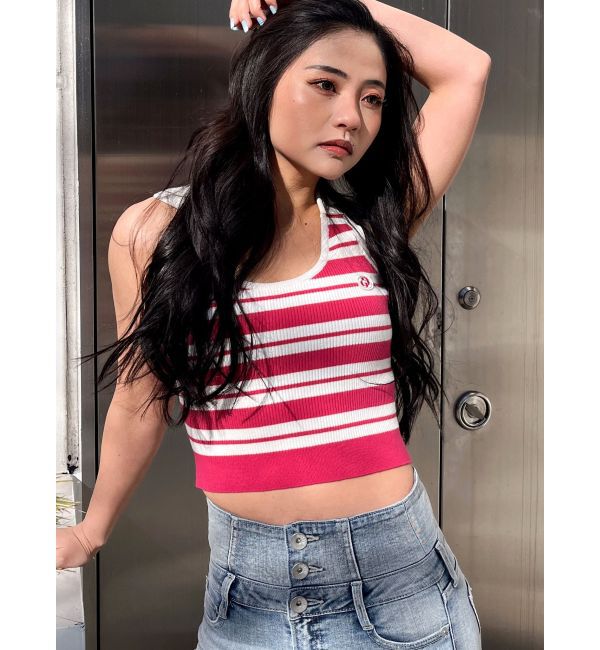 GYDA「ボーダーノースリPOLOニットトップス」|ニット・セーター|ピンク