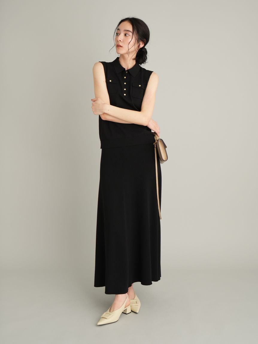 Mila Owen「【UVカット】【WEB限定カラー】金釦ノースリポロニットスカートSET UP」|ワンピース|BLK