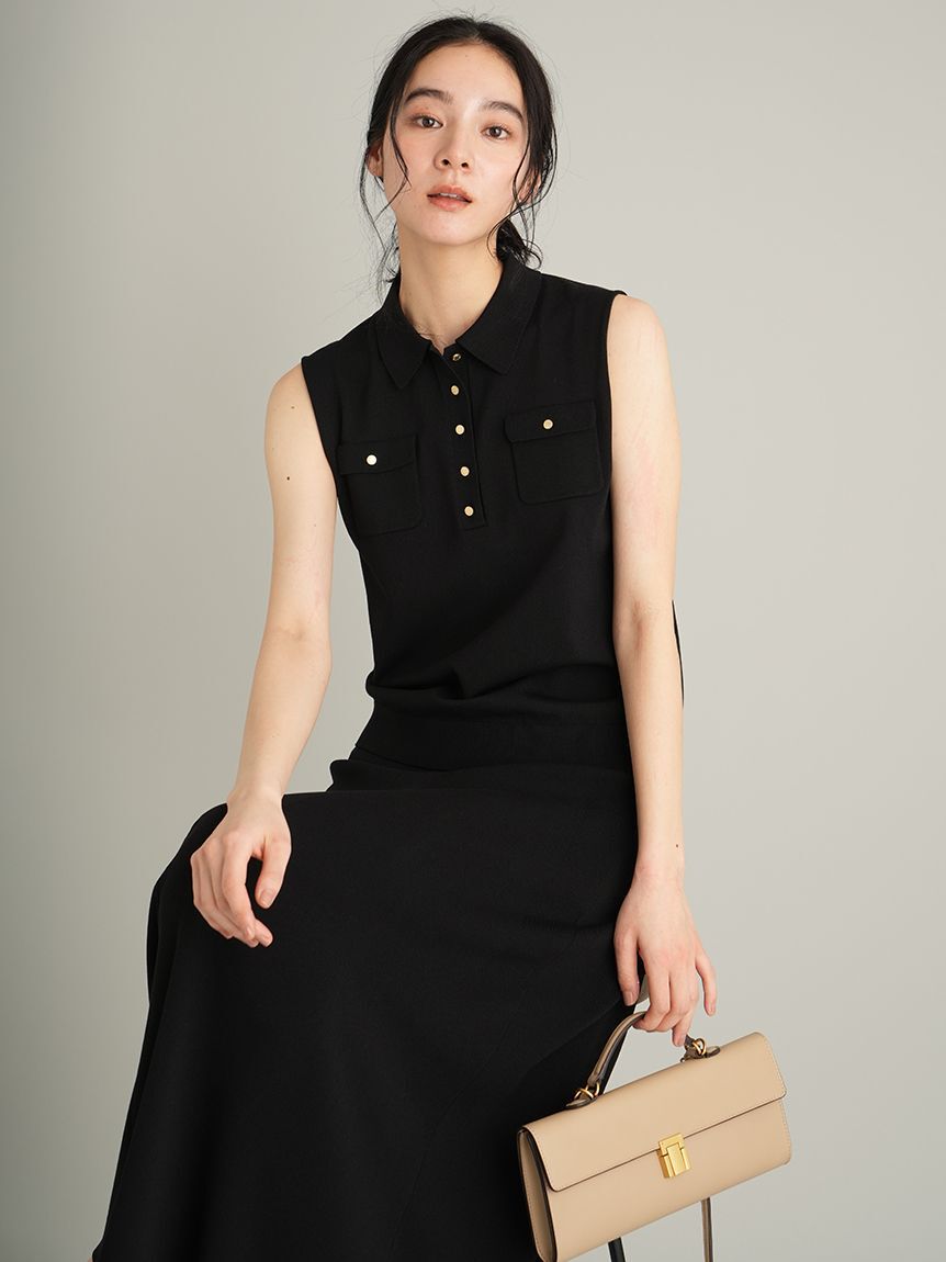 Mila Owen「【UVカット】【WEB限定カラー】金釦ノースリポロニットスカートSET UP」|ワンピース|