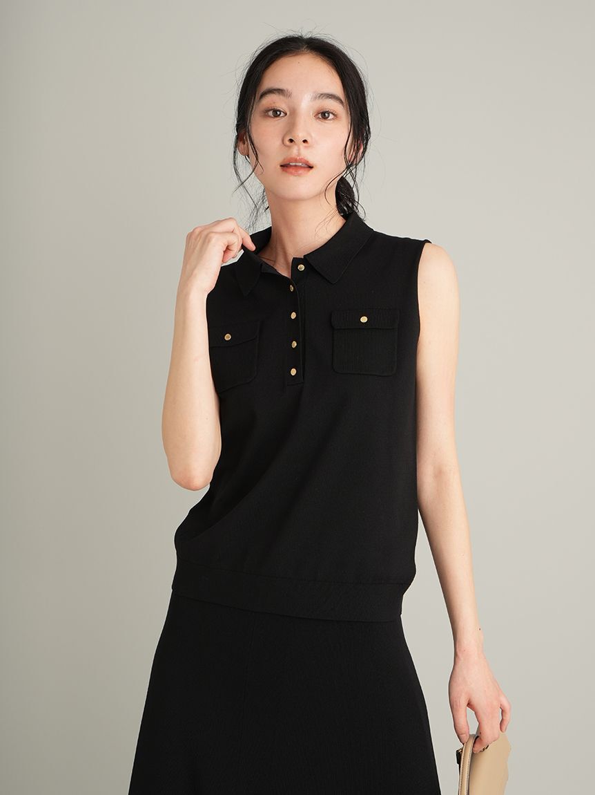 Mila Owen「【UVカット】【WEB限定カラー】金釦ノースリポロニットスカートSET UP」|ワンピース|