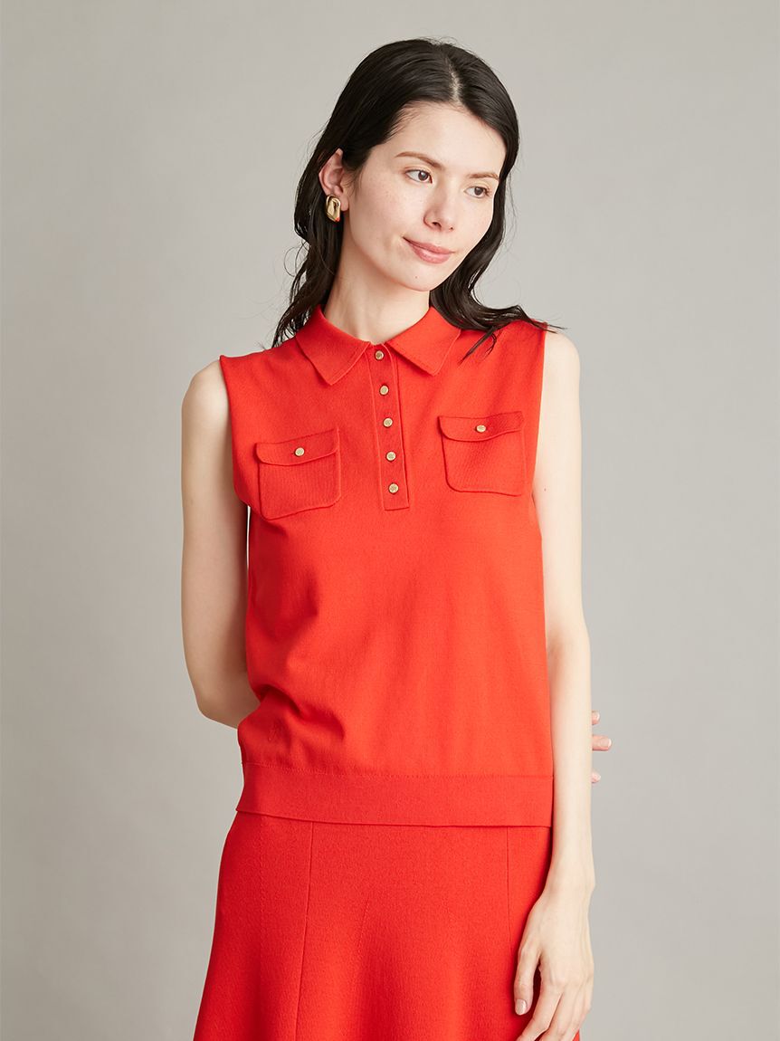 Mila Owen「【UVカット】【WEB限定カラー】金釦ノースリポロニットスカートSET UP」|ワンピース|