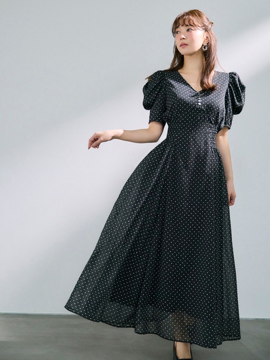 FRAY I.D「パフスリーブドットワンピース」|ワンピース|BLK