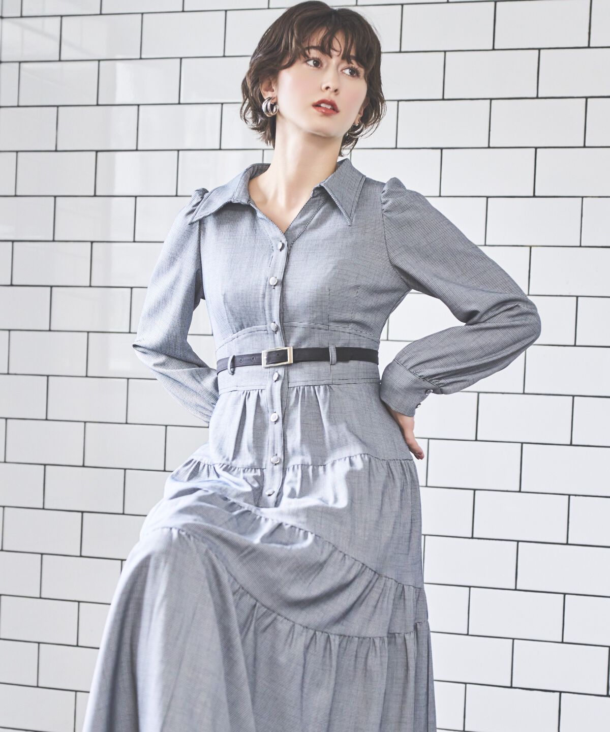 アンドクチュール「ラメ千鳥ティアードシャツワンピース」|ワンピース|