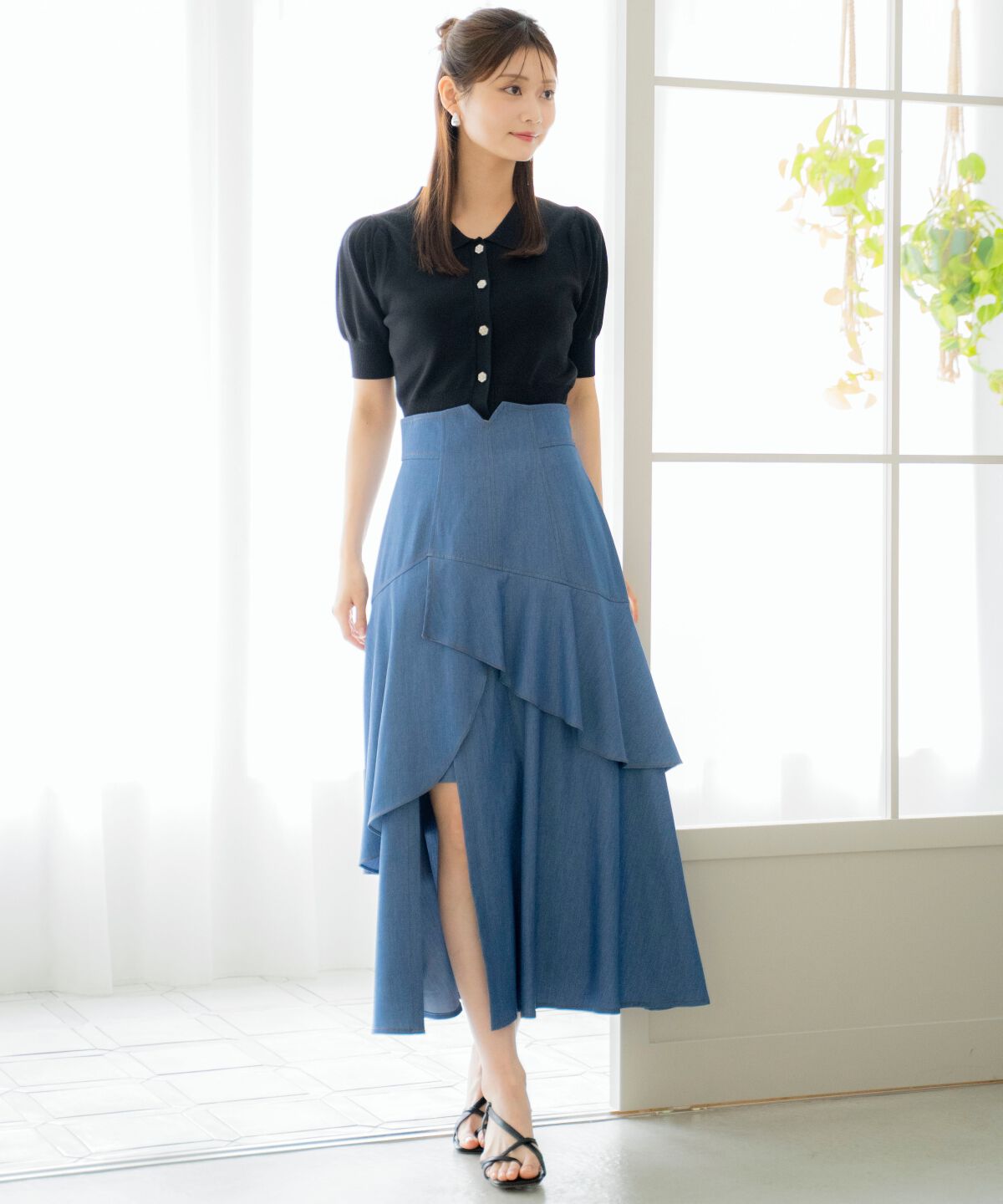 アンドクチュール「デニムライクレイヤードフリルスカート」|フレア|ブルー