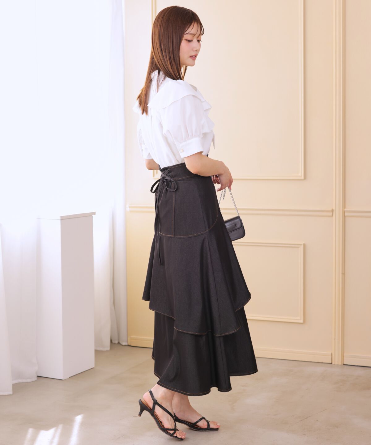 アンドクチュール「デニムライクレイヤードフリルスカート」|フレア|