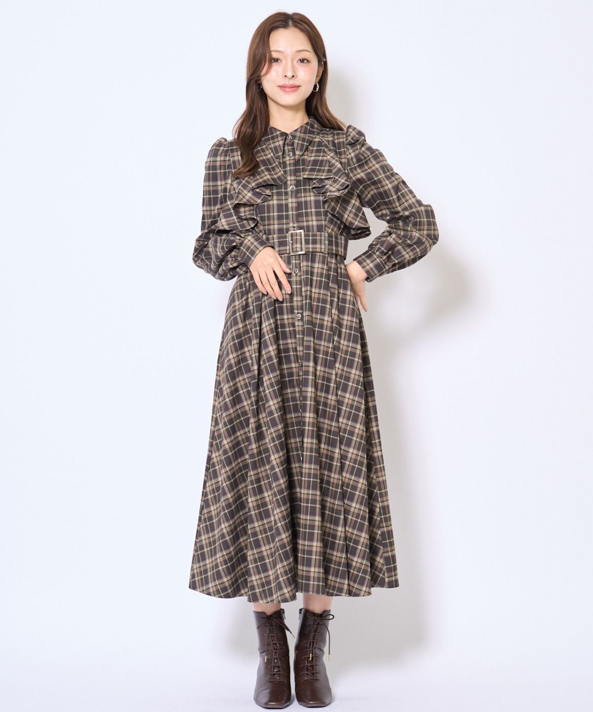 アンドクチュール「フリルケープシャツワンピース」|ワンピース|ｸﾞﾘｰﾝ系ﾁｪｯｸ