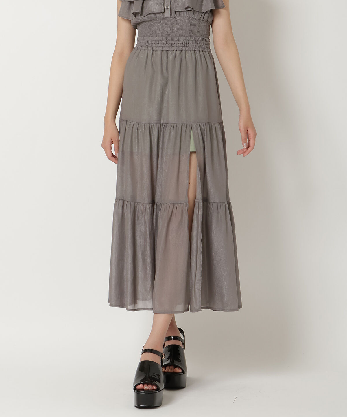 REDYAZEL「シャイニー楊柳ティアードスカート」|フレア|