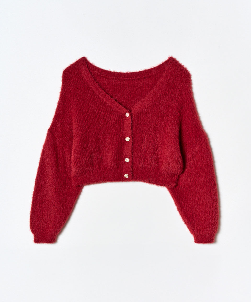 REDYAZEL「フェザーヤーンビジューボタンカーディガン」|カーディガン|