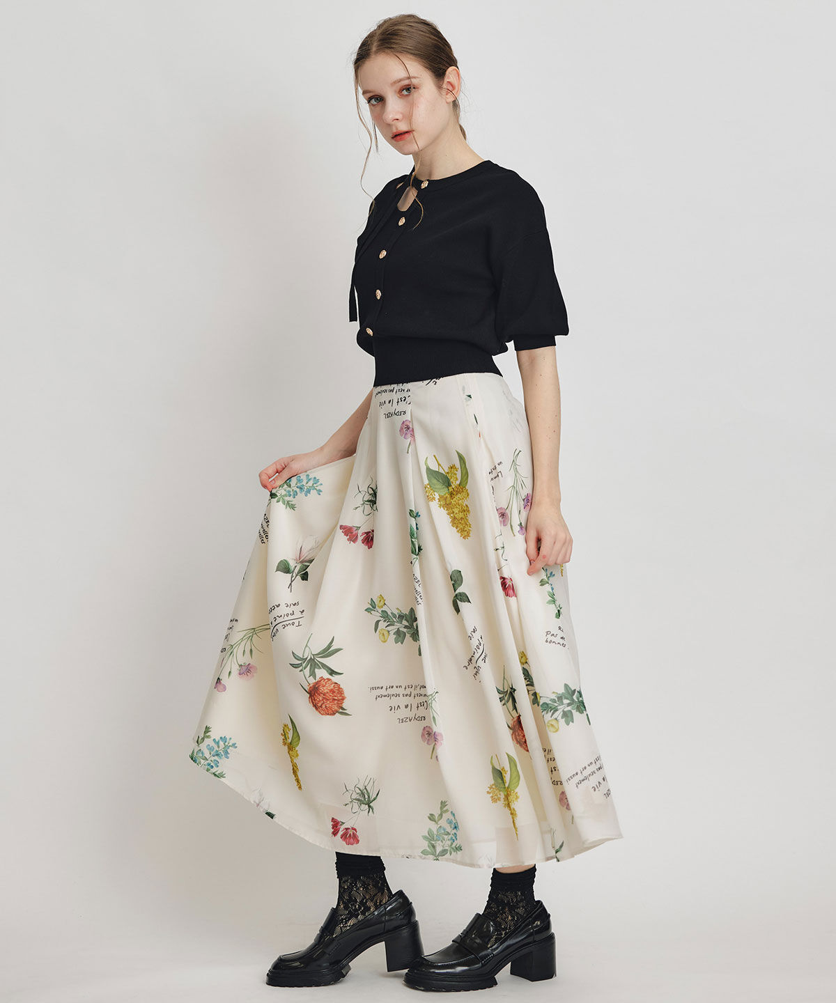 REDYAZEL「シアーフラワータックフレアロングスカート」|フレア|