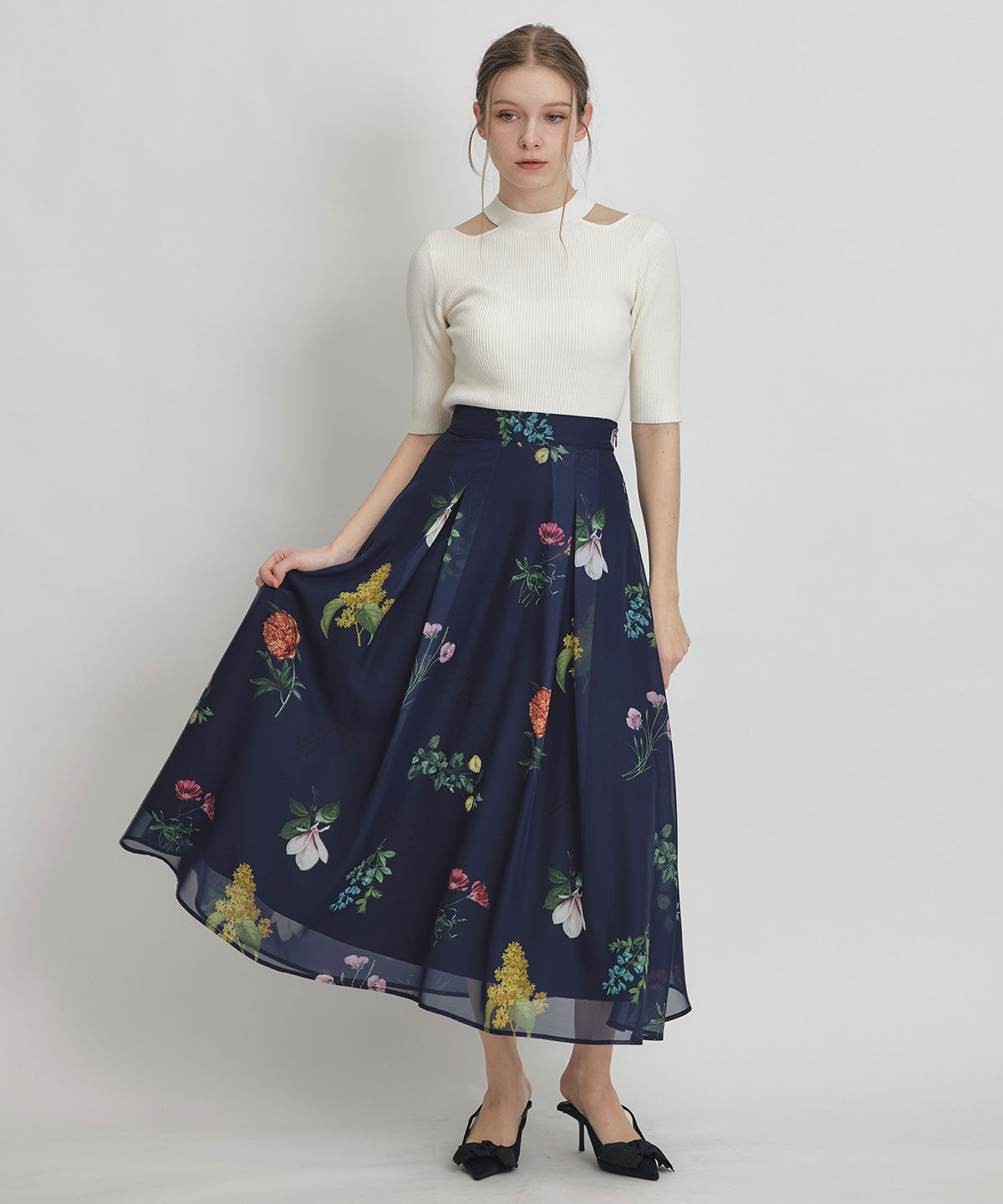 REDYAZEL「シアーフラワータックフレアロングスカート」|フレア|