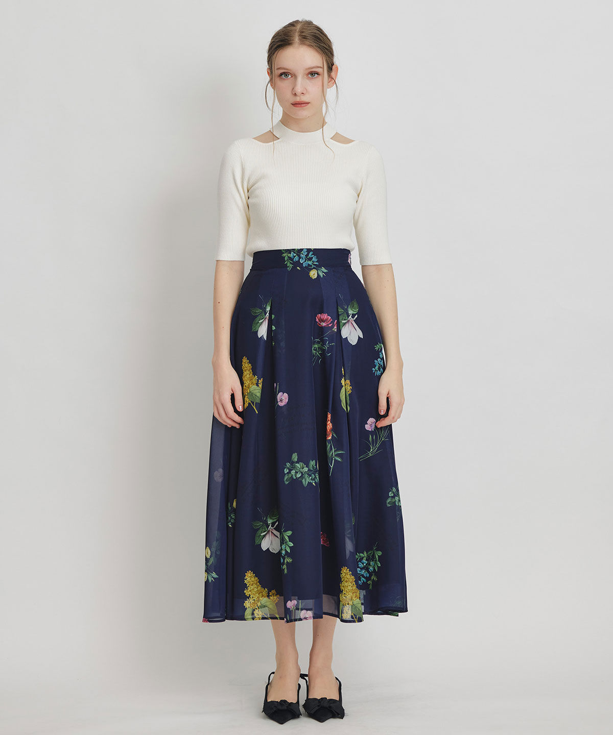 REDYAZEL「シアーフラワータックフレアロングスカート」|フレア|