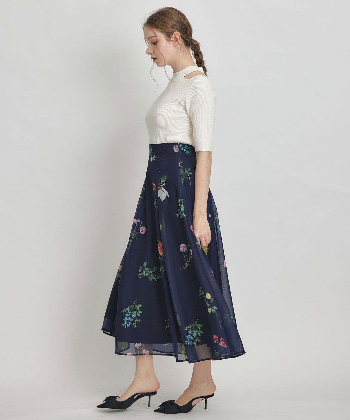 REDYAZEL「シアーフラワータックフレアロングスカート」|フレア|