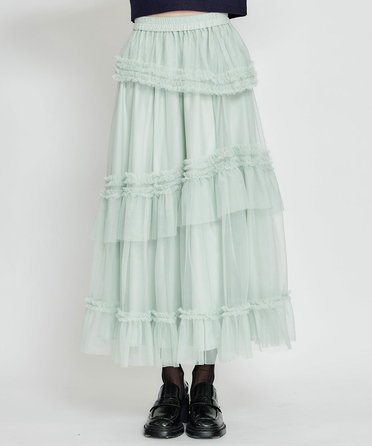 REDYAZEL「ソフトチュールフリルロングスカート」|フレア|ミント
