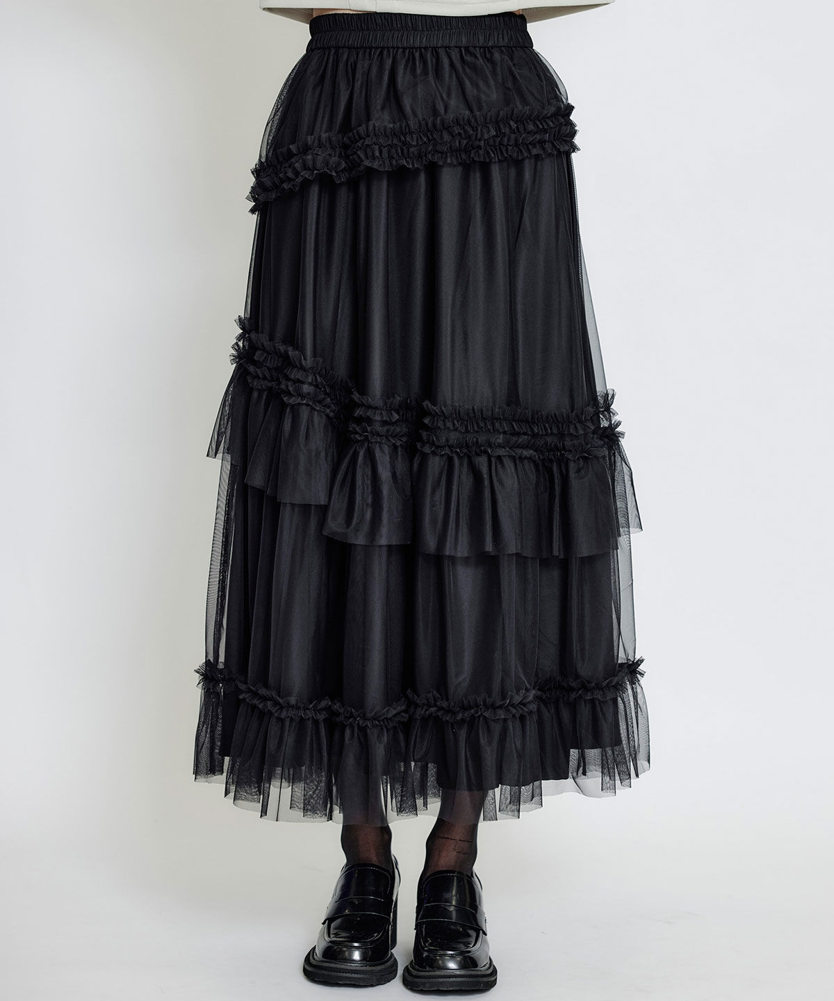 REDYAZEL「ソフトチュールフリルロングスカート」|フレア|ブラック