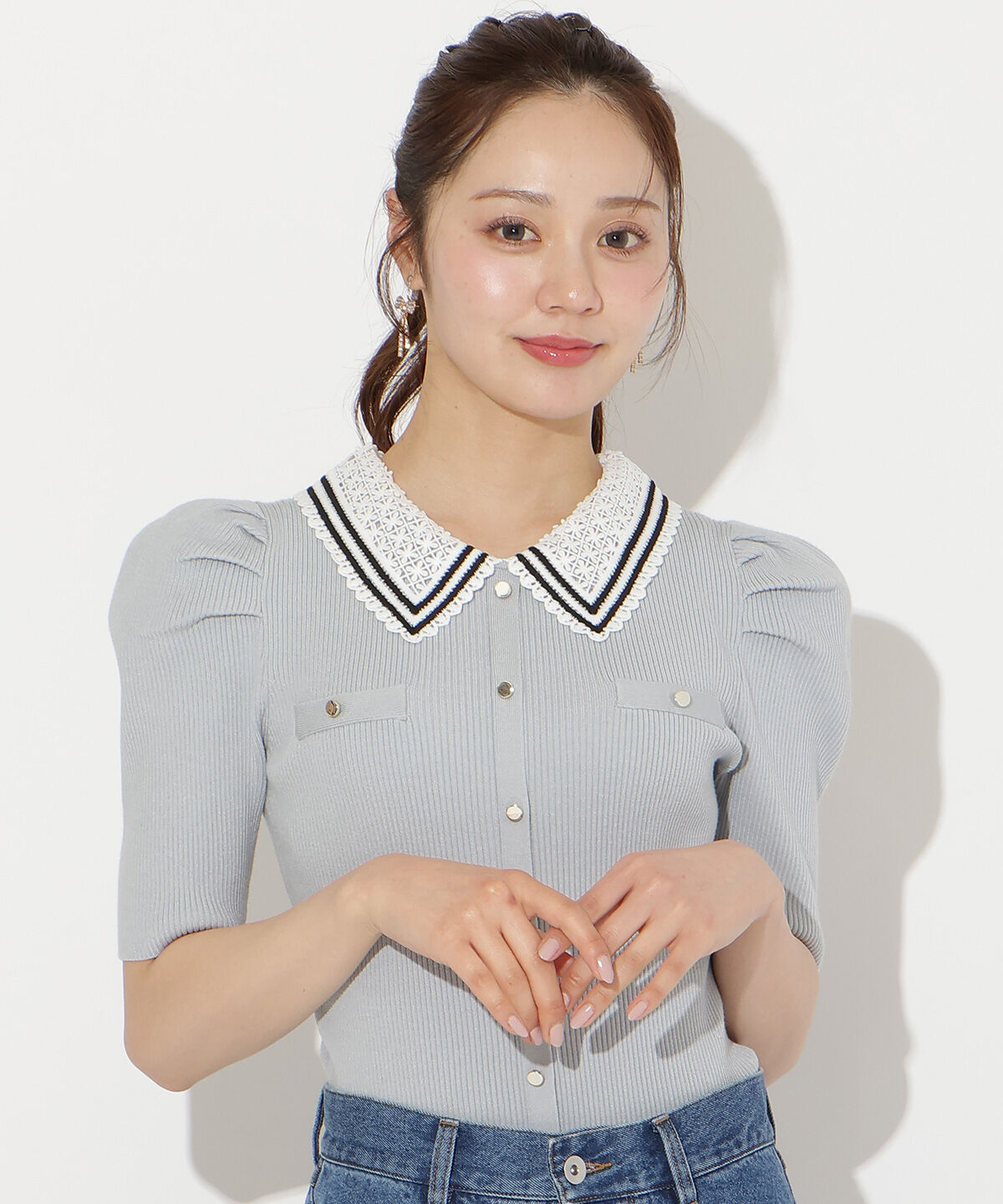 WILLSELECTION「バイカラーレース襟リブニット」|ニット・セーター|サックス