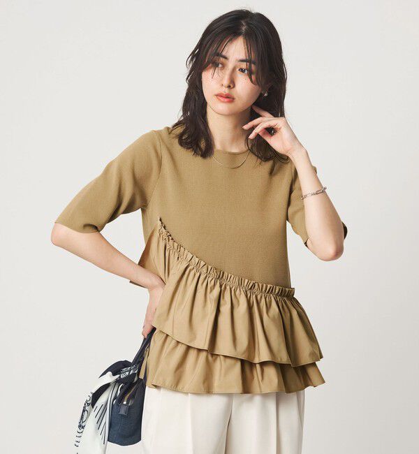 UNITED ARROWS green label relaxing「ドッキング ペプラム ショートスリーブ ニット プルオーバー ウォッシャブル」|ニット・セーター|BEIGE